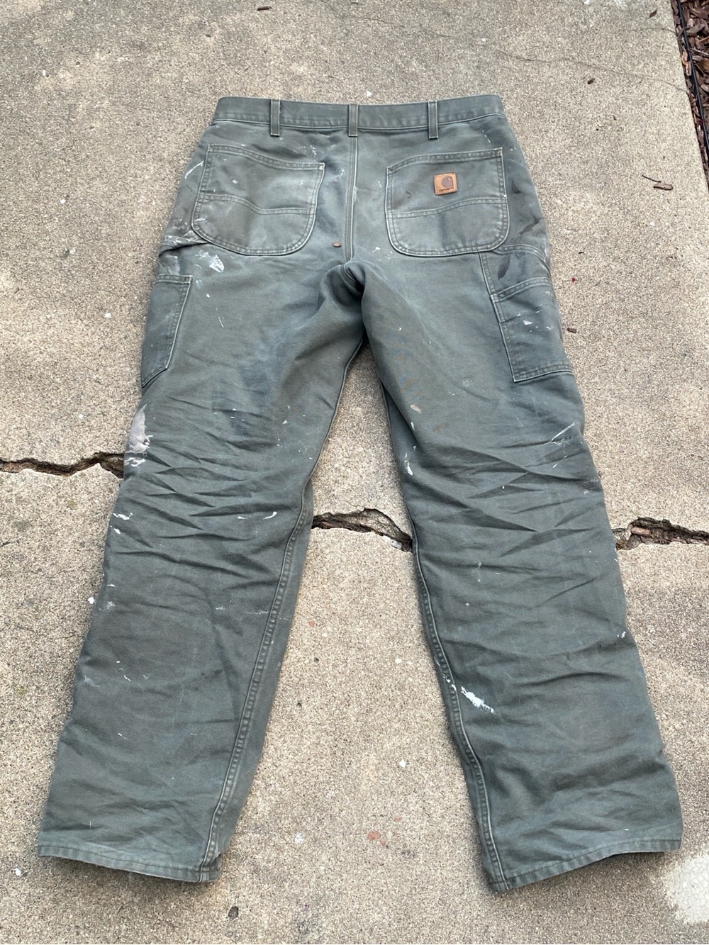 Carhartt Olive Green Canvas Pants with Brown Leather Logo Patch